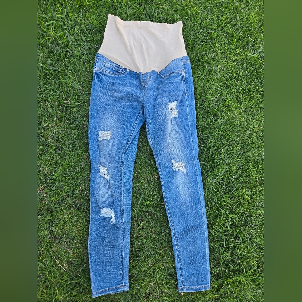 Blue Savvy Maternity Blue Skinny Distressed Jeans with Ripped Details Size M